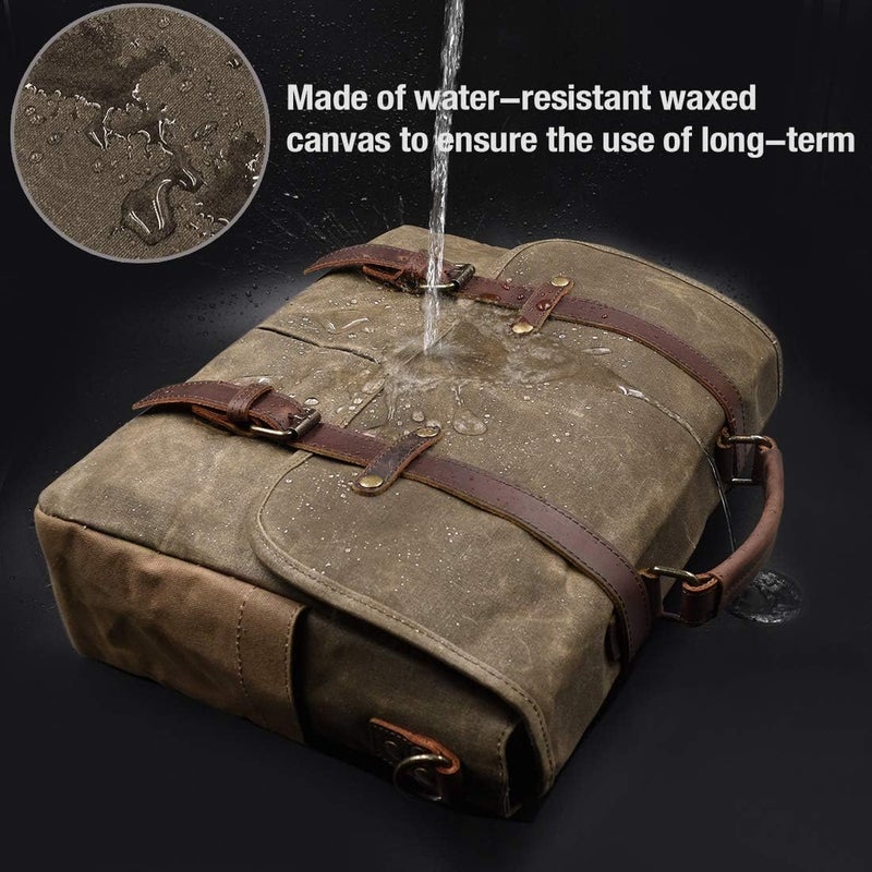 NEWHEY Mens Messenger Bag 15.6 Inch Waterproof Vintage Genuine Leather Waxed Canvas Briefcase Large Satchel Shoulder Bag Rugged Leather Computer Laptop Bag, Khaki - Image 3